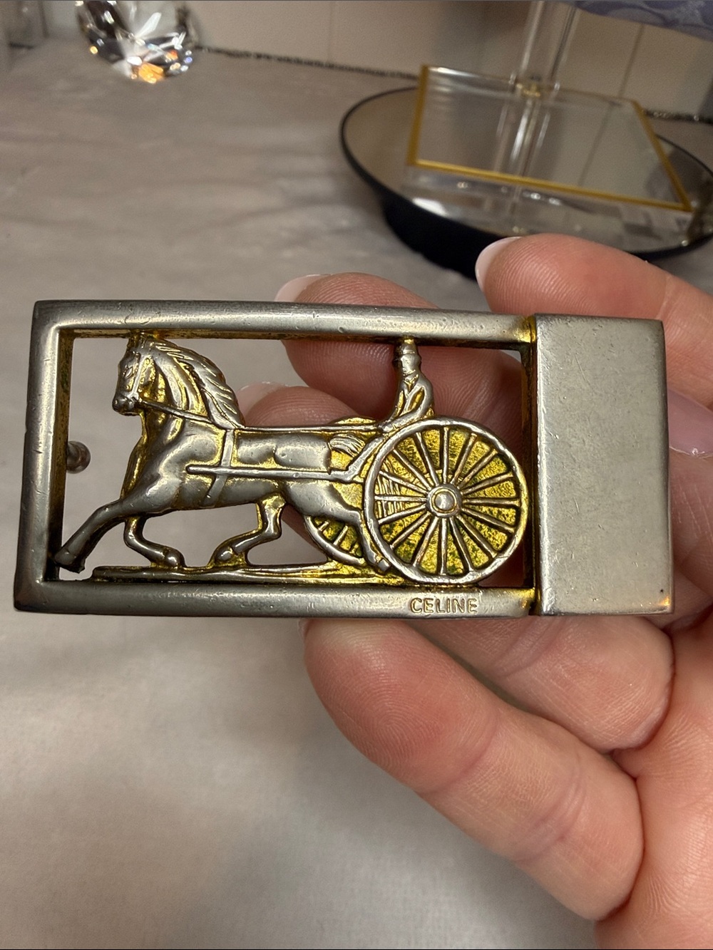 Authentic Vintage Celine Sulky Horse Carriage Belt Buckle Italy 1” Belt Two Tone - Picture 4 of 7